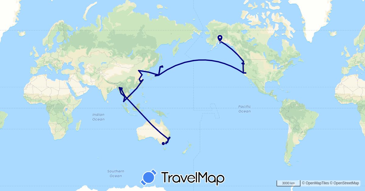 TravelMap itinerary: driving in Australia, China, Japan, Myanmar (Burma), Thailand, United States (Asia, North America, Oceania)